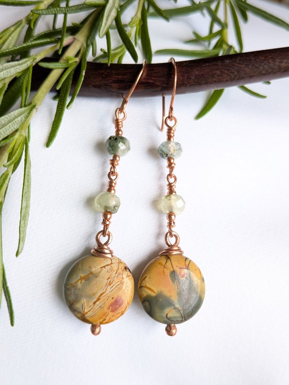Earthy Jasper Earrings with Prehnite Gemstones in Copper